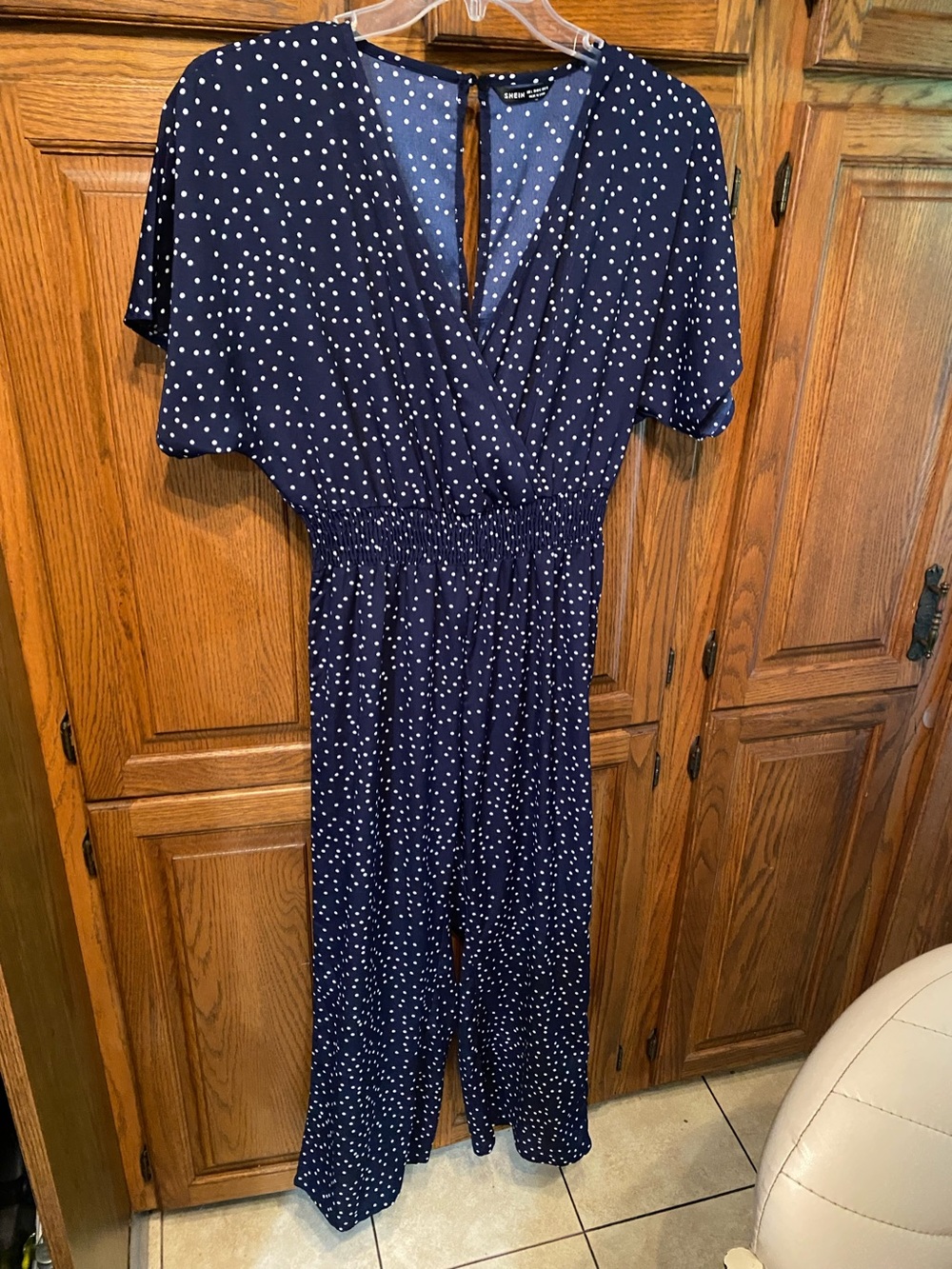 SHEIN Navy Polka Dot Wrap-Front Jumpsuit